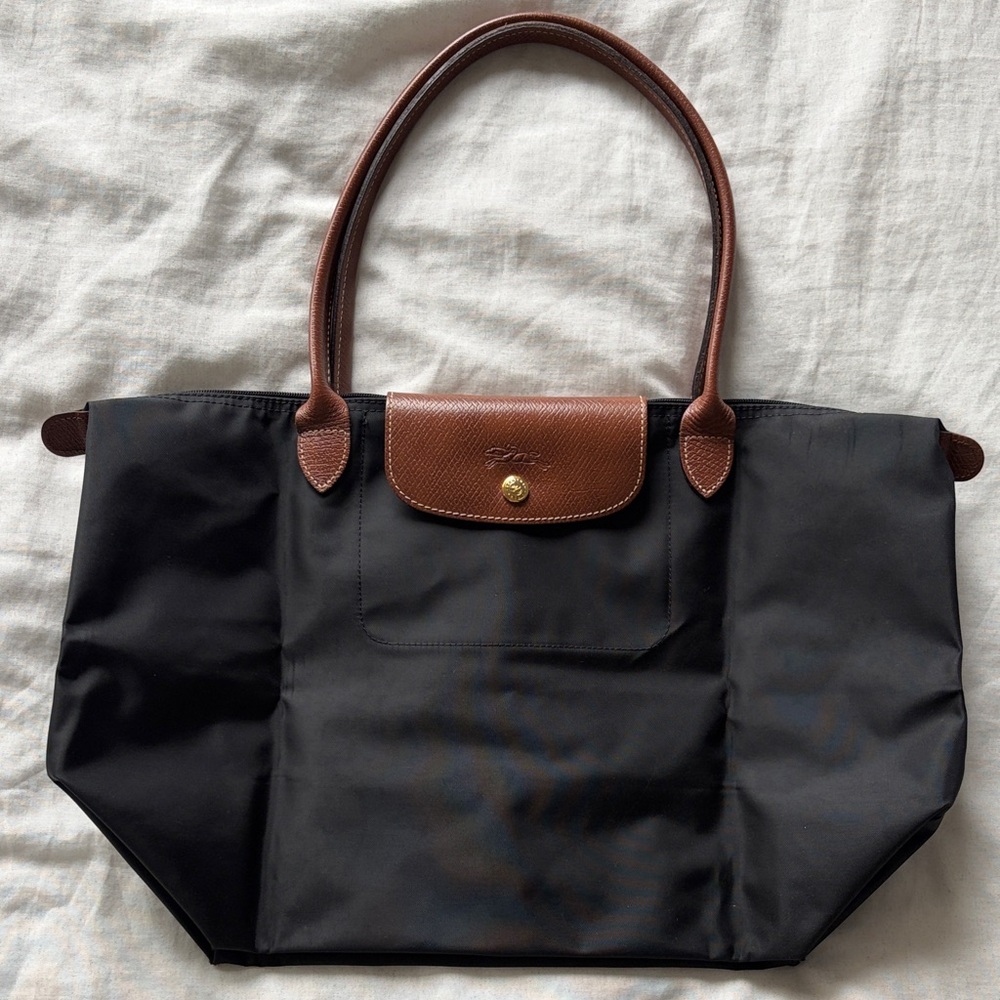 Longchamp Black Nylon Tote with Brown Leather Trim